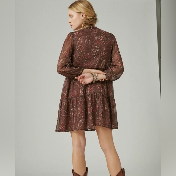 Lucky Brand Brown Long Sleeve Paisley Babydoll Dress - Picture 6 of 9